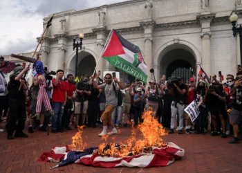 Pro-Palestinian Protesters Burn U.S. Flag During Netanyahu Speech in DC, Paint “Hamas is Coming” as Nearly 100 Democrats Boycott Israeli PM’s Address